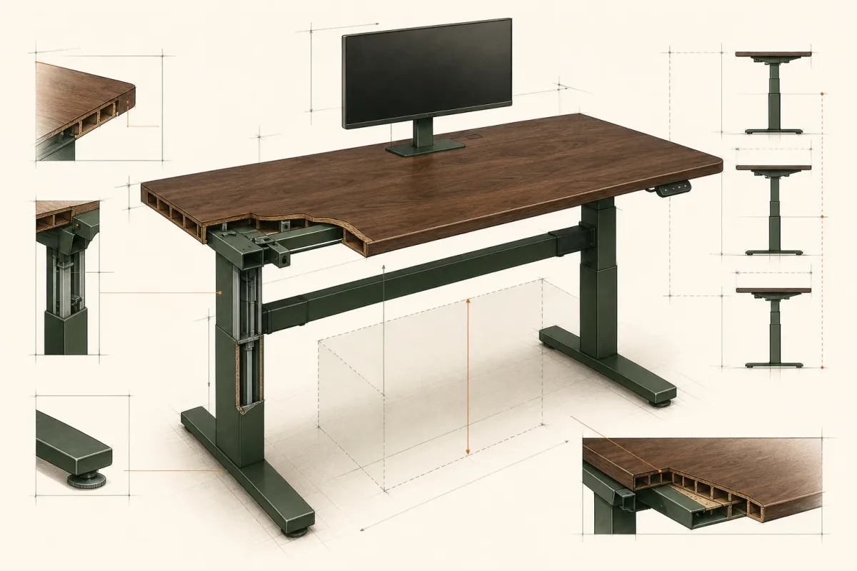 Technical cutaway of a walnut standing desk showing its lifting frame, columns, worktop and equipment clearances